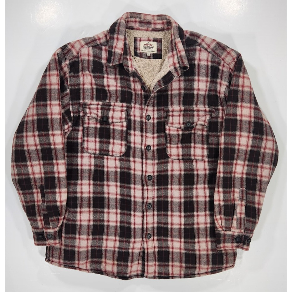 Levi’s Sherpa Lined Plaid Flannel Jacket XL Red Black Trucker Style Coat Shacket